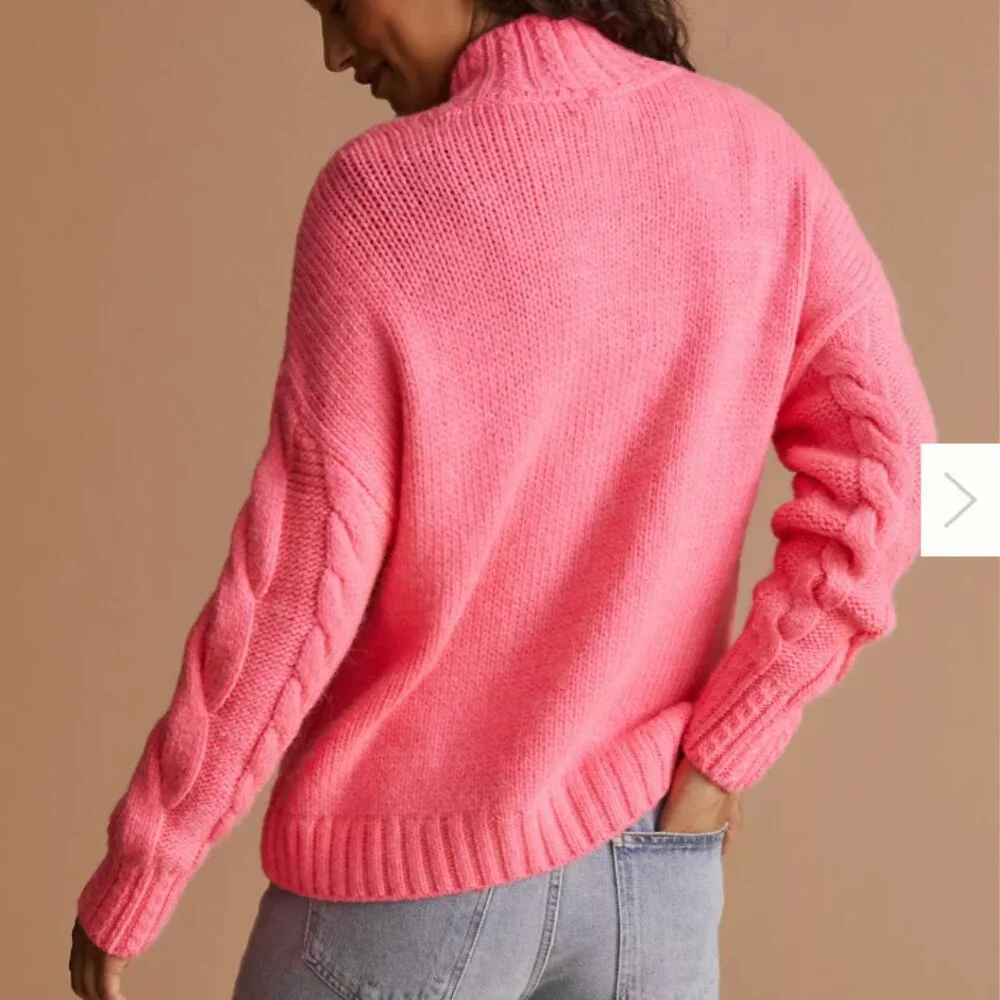ANTHROPLOGIE Size Medium Vibrant Coquette Cable Knit Mock Neck Neon Pink Sweater